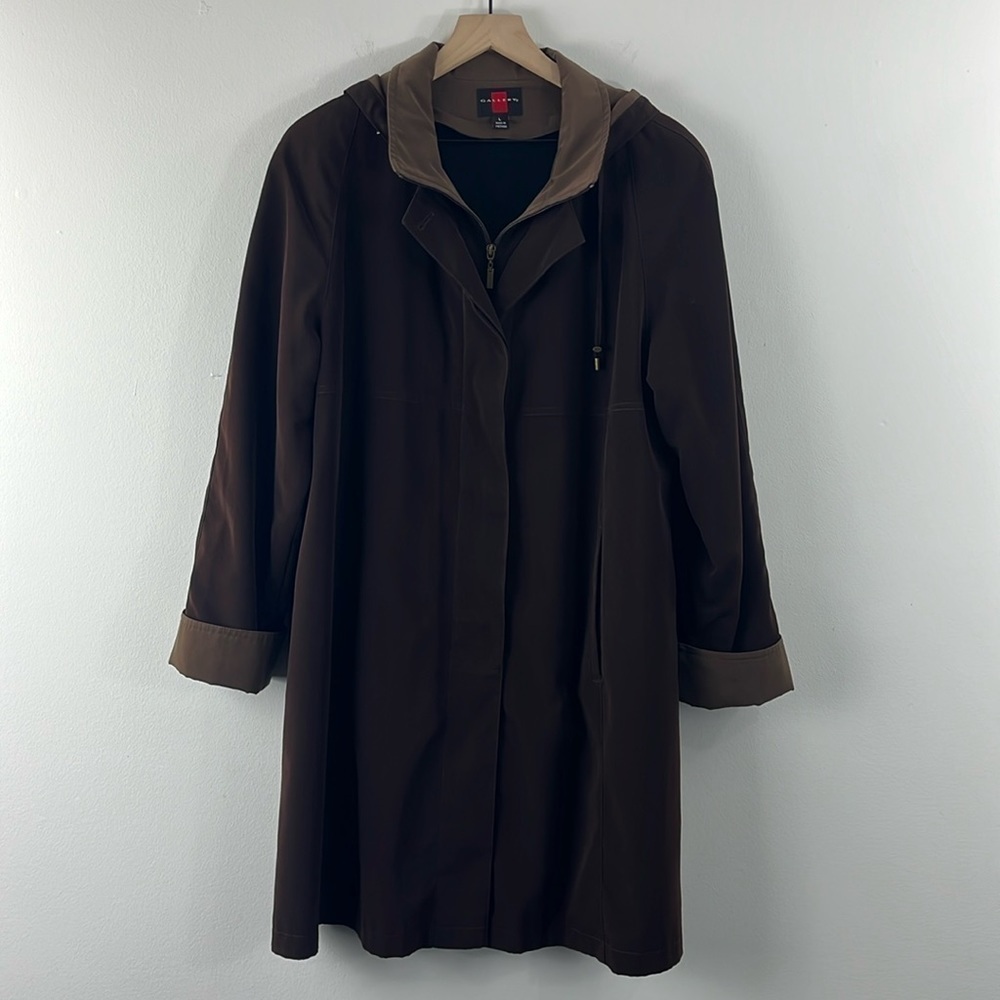 Gallery All Weather Brown Hooded Button Zip Trench Coat Womens Size L Classic
